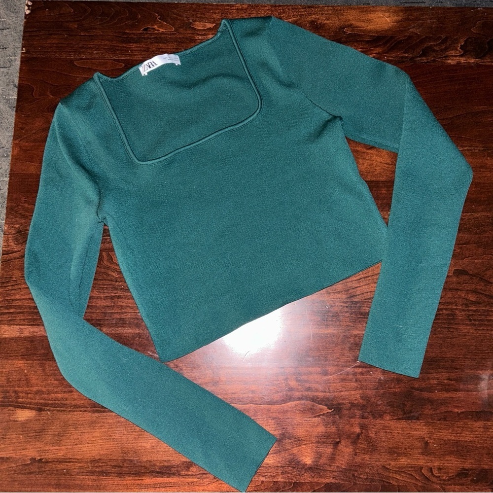 Zara Square Neck Cropped Long Sleeve Top Green